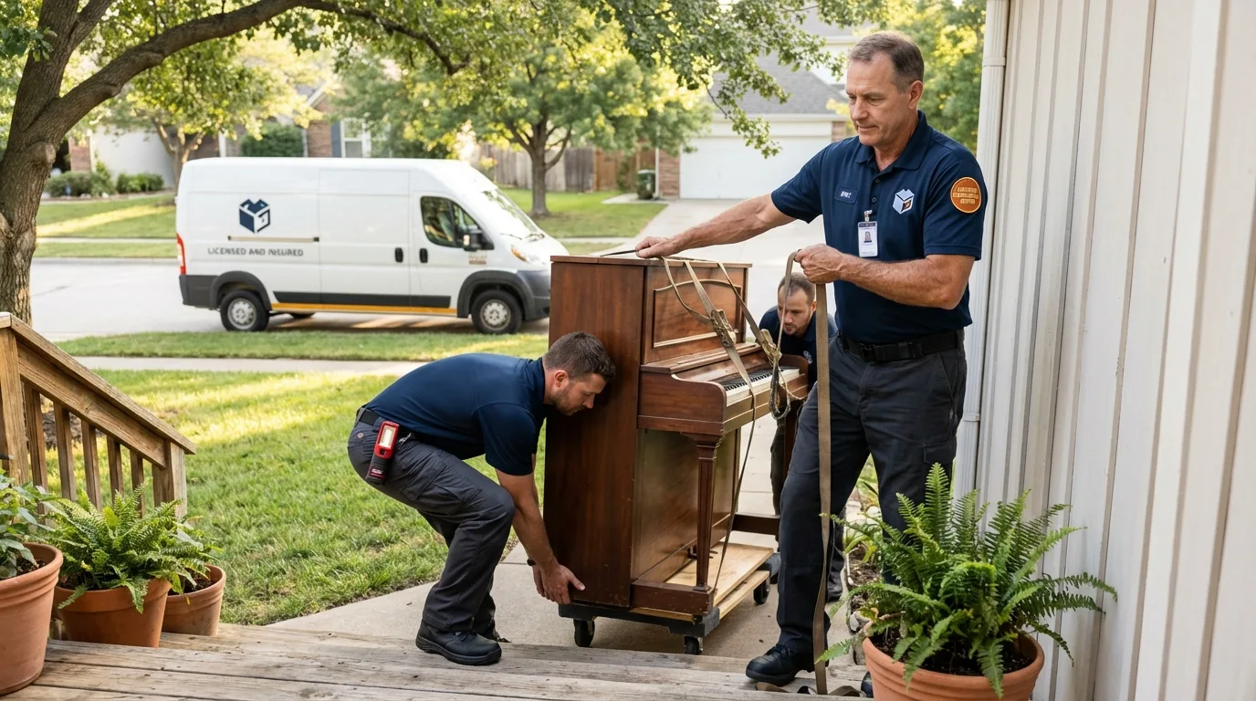 Licensed piano movers securing grand piano in Westerly, RI
