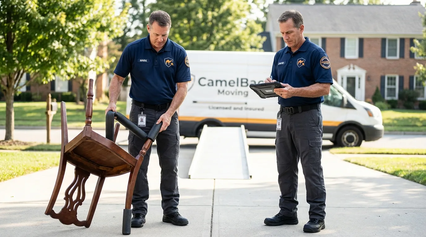 Movers inspecting furniture for damage prevention before loading in Westerly, RI