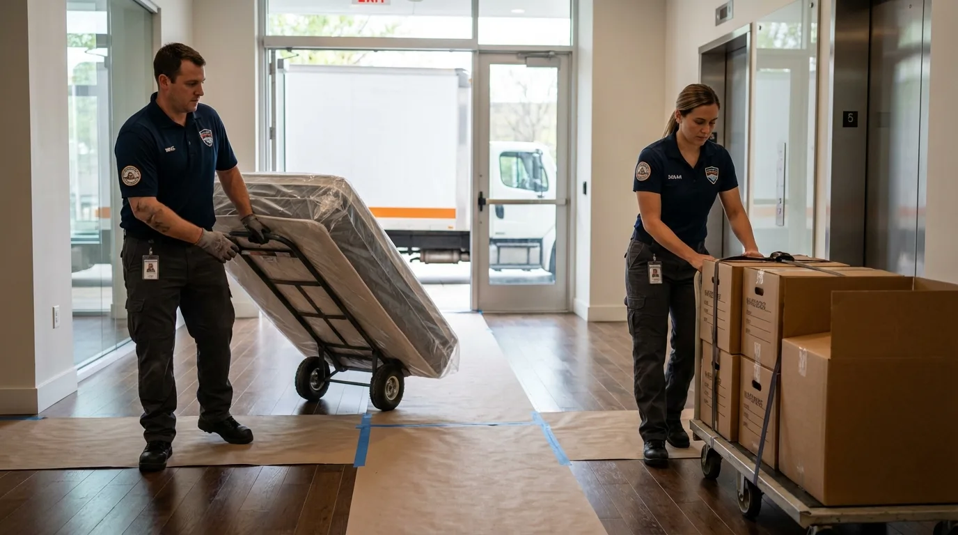 Professional apartment movers loading elevator in Westerly, RI