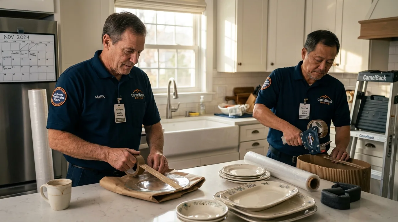 Professional crew packing kitchen dishware in Westerly, RI